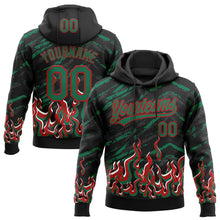Load image into Gallery viewer, Custom Stitched Black Kelly Green Red-White 3D Pattern Design Flame Sports Pullover Sweatshirt Hoodie