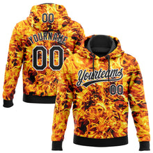 Load image into Gallery viewer, Custom Stitched Black Yellow-White 3D Pattern Design Flame Sports Pullover Sweatshirt Hoodie