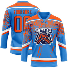 Загрузить изображение в средство просмотра галереи, Custom Powder Blue Orange Navy-White 3D Splash Hockey Lace Neck Jersey