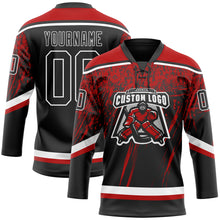 Laden Sie das Bild in den Galerie-Viewer, Custom Black Red-White 3D Splash Hockey Lace Neck Jersey