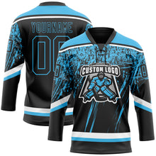 Laden Sie das Bild in den Galerie-Viewer, Custom Black Sky Blue-White 3D Splash Hockey Lace Neck Jersey