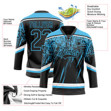 Laden Sie das Bild in den Galerie-Viewer, Custom Black Sky Blue-White 3D Splash Hockey Lace Neck Jersey