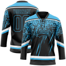 Laden Sie das Bild in den Galerie-Viewer, Custom Black Sky Blue-White 3D Splash Hockey Lace Neck Jersey