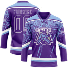 Load image into Gallery viewer, Custom Purple Light Blue-White 3D Splash Hockey Lace Neck Jersey