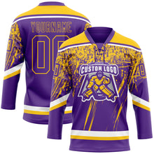 Load image into Gallery viewer, Custom Purple Yellow-White 3D Splash Hockey Lace Neck Jersey