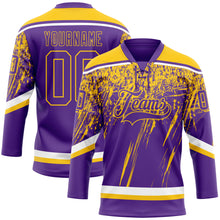 Load image into Gallery viewer, Custom Purple Yellow-White 3D Splash Hockey Lace Neck Jersey