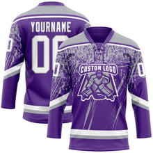 Load image into Gallery viewer, Custom Purple White-Gray 3D Splash Hockey Lace Neck Jersey