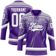 Load image into Gallery viewer, Custom Purple White-Gray 3D Splash Hockey Lace Neck Jersey