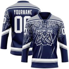 Load image into Gallery viewer, Custom Navy White-Gray 3D Splash Hockey Lace Neck Jersey