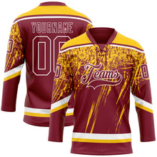 Load image into Gallery viewer, Custom Crimson Yellow-White 3D Splash Hockey Lace Neck Jersey