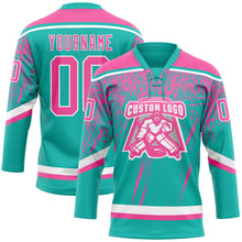 Laden Sie das Bild in den Galerie-Viewer, Custom Aqua Pink-White 3D Splash Hockey Lace Neck Jersey