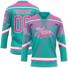 Laden Sie das Bild in den Galerie-Viewer, Custom Aqua Pink-White 3D Splash Hockey Lace Neck Jersey