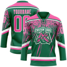 Laden Sie das Bild in den Galerie-Viewer, Custom Kelly Green Pink-White 3D Splash Hockey Lace Neck Jersey