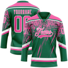 Laden Sie das Bild in den Galerie-Viewer, Custom Kelly Green Pink-White 3D Splash Hockey Lace Neck Jersey