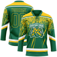 Laden Sie das Bild in den Galerie-Viewer, Custom Kelly Green Yellow-White 3D Splash Hockey Lace Neck Jersey
