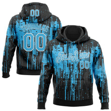 Load image into Gallery viewer, Custom Stitched Black Sky Blue-White 3D Pattern Design Dripping Splatter Sports Pullover Sweatshirt Hoodie