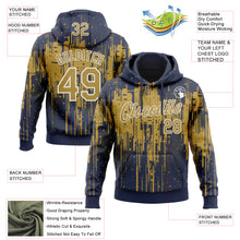 Load image into Gallery viewer, Custom Stitched Navy Old Gold-White 3D Pattern Design Dripping Splatter Sports Pullover Sweatshirt Hoodie