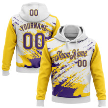 Load image into Gallery viewer, Custom Stitched White Purple-Yellow 3D Pattern Design Abstract Fragment Art Splash Sports Pullover Sweatshirt Hoodie