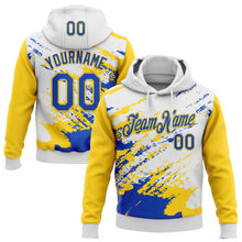 Load image into Gallery viewer, Custom Stitched White Thunder Blue-Yellow 3D Pattern Design Abstract Fragment Art Splash Sports Pullover Sweatshirt Hoodie