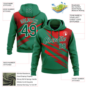 Custom Stitched Kelly Green Red-White 3D Pattern Design Line Sports Pullover Sweatshirt Hoodie