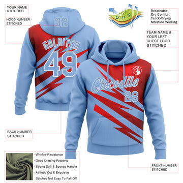 Custom Stitched Light Blue Red-White 3D Pattern Design Line Sports Pullover Sweatshirt Hoodie