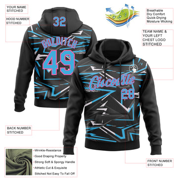 Custom Stitched Black Sky Blue Pink-White 3D Pattern Design Line Sports Pullover Sweatshirt Hoodie