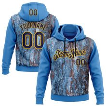 Load image into Gallery viewer, Custom Stitched Blue Navy-Gold 3D Pattern Design Tree Camo Hunting Sports Pullover Sweatshirt Hoodie