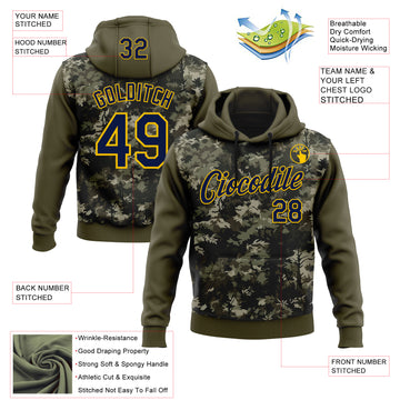 Custom Stitched Olive Navy-Yellow 3D Pattern Design Tree Camo Hunting Sports Pullover Sweatshirt Salute To Service Hoodie