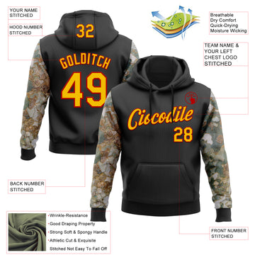 Custom Stitched Black Yellow-Red 3D Pattern Design Tree Camo Hunting Sports Pullover Sweatshirt Hoodie
