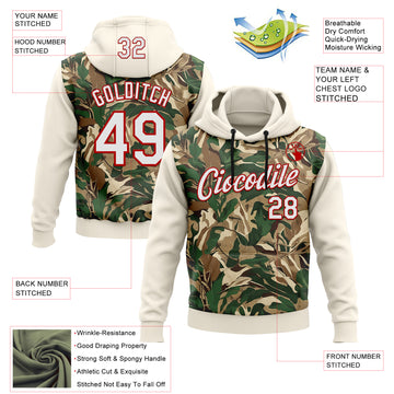Custom Stitched Cream White-Red 3D Pattern Design Tree Camo Hunting Sports Pullover Sweatshirt Hoodie