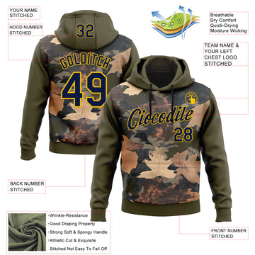 Custom Stitched Olive Navy-Yellow 3D Pattern Design Tree Camo Hunting Sports Pullover Sweatshirt Salute To Service Hoodie