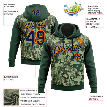 Custom Stitched Green Navy-Bay Orange 3D Pattern Design Tree Camo Hunting Sports Pullover Sweatshirt Hoodie