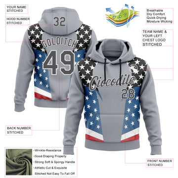 Custom Stitched Gray Steel Gray Black Blue Red-White 3D Pattern Design American Flag Inspire Patriotic Sportswear Pullover Sweatshirt Hoodie
