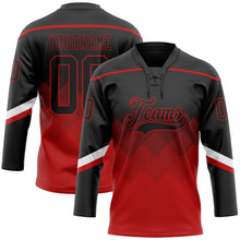 Charger l'image dans la galerie, Custom Black Red 3D Pattern Gradient Square Shapes Hockey Lace Neck Jersey