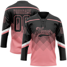Charger l'image dans la galerie, Custom Black Medium Pink-White 3D Pattern Gradient Square Shapes Hockey Lace Neck Jersey