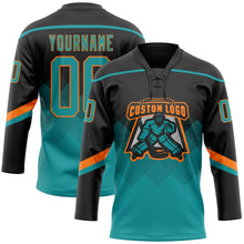 Charger l'image dans la galerie, Custom Black Teal-Orange 3D Pattern Gradient Square Shapes Hockey Lace Neck Jersey