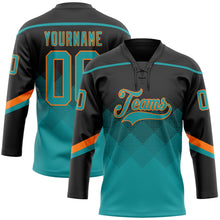 Charger l'image dans la galerie, Custom Black Teal-Orange 3D Pattern Gradient Square Shapes Hockey Lace Neck Jersey