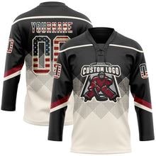 Charger l'image dans la galerie, Custom Black Vintage USA Flag Cream-Crimson 3D Pattern Gradient Square Shapes Hockey Lace Neck Jersey