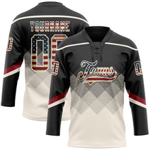 Charger l'image dans la galerie, Custom Black Vintage USA Flag Cream-Crimson 3D Pattern Gradient Square Shapes Hockey Lace Neck Jersey