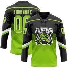 Charger l'image dans la galerie, Custom Black Neon Green-White 3D Pattern Gradient Square Shapes Hockey Lace Neck Jersey