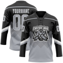 Charger l'image dans la galerie, Custom Black Gray-White 3D Pattern Gradient Square Shapes Hockey Lace Neck Jersey