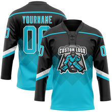Charger l'image dans la galerie, Custom Black Lakes Blue-White 3D Pattern Gradient Square Shapes Hockey Lace Neck Jersey