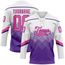 Charger l'image dans la galerie, Custom White Pink-Purple 3D Pattern Gradient Square Shapes Hockey Lace Neck Jersey