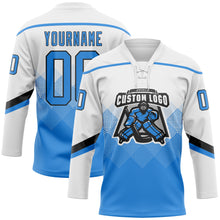 Charger l'image dans la galerie, Custom White Powder Blue-Black 3D Pattern Gradient Square Shapes Hockey Lace Neck Jersey