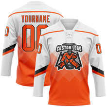 Charger l'image dans la galerie, Custom White Orange-Black 3D Pattern Gradient Square Shapes Hockey Lace Neck Jersey