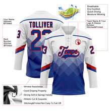 Load image into Gallery viewer, Custom White Royal-Red 3D Pattern Gradient Square Shapes Hockey Lace Neck Jersey