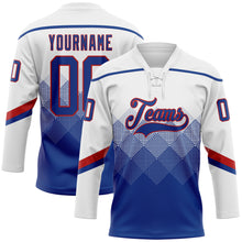 Load image into Gallery viewer, Custom White Royal-Red 3D Pattern Gradient Square Shapes Hockey Lace Neck Jersey