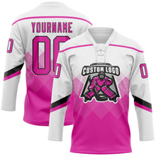 Charger l'image dans la galerie, Custom White Deep Pink-Black 3D Pattern Gradient Square Shapes Hockey Lace Neck Jersey