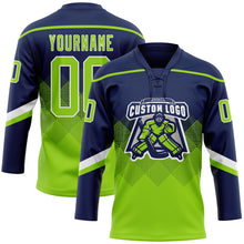 Load image into Gallery viewer, Custom Navy Neon Green-White 3D Pattern Gradient Square Shapes Hockey Lace Neck Jersey