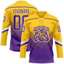 Charger l'image dans la galerie, Custom Yellow Purple-White 3D Pattern Gradient Square Shapes Hockey Lace Neck Jersey